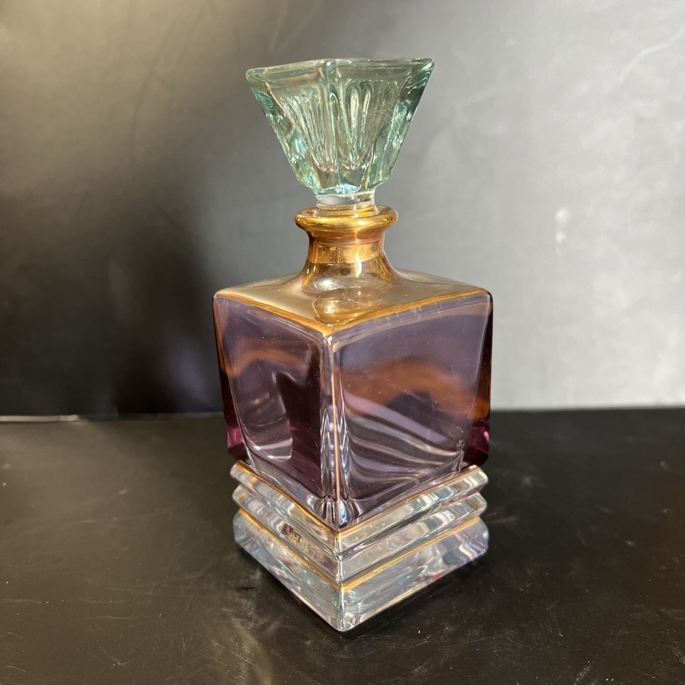 Italian Art Glass Perfume Bottle With Gold Accents & Glass Dabber Lavender 5"